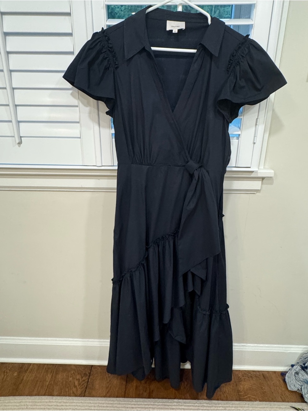 Cinq a Sept Navy (faux)Wrap High-Low Dress with Ruffle Hem